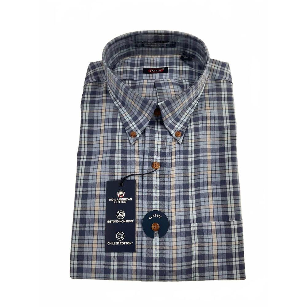 NEW BATTON men's axton cotton long sleeve shirt in blue plaid